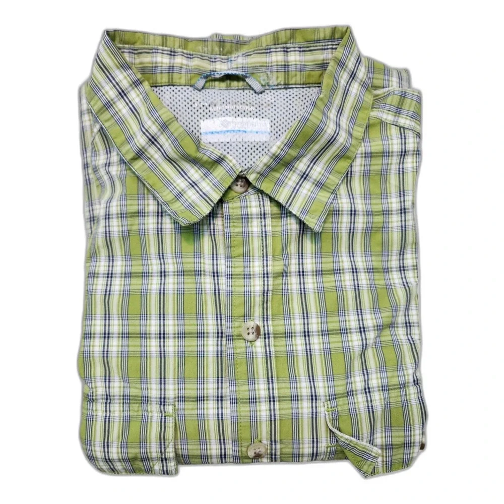 Columbia Men's Fishing Breathable Mesh button up Shirt Green Plaid Size L